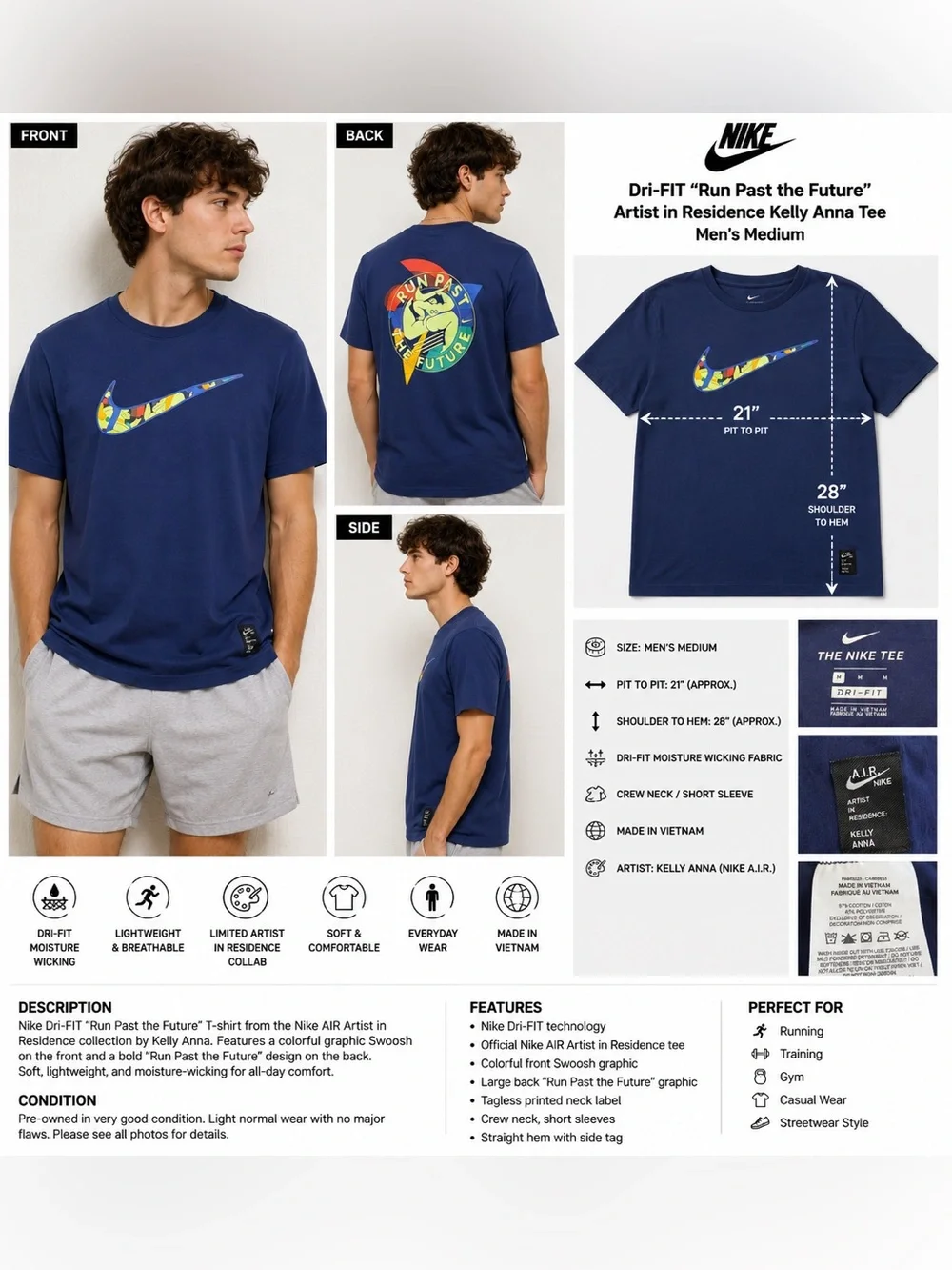 Nike Dri-FIT AIR Kelly Anna Run Past the Future Graphic T-Shirt Men's Medium Blu